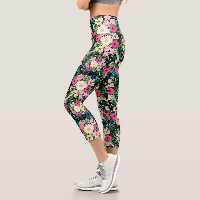 Pretty Colorful Flowers Black Botanical Capri Leggings (Left)