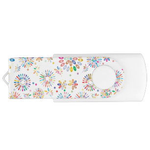 Pretty Colorful Flowers Circles Pattern on White Flash Drive