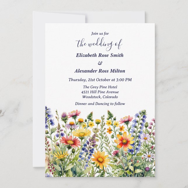 Pretty colorful garden of wildflowers wedding invitation (Front)