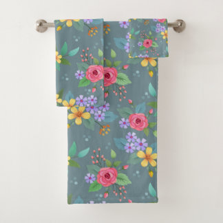 Pretty Colorful Hand Drawn Flower Pattern Bath Towel Set