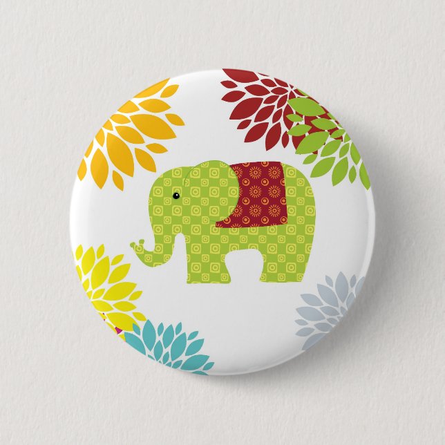 Pretty Colorful Hippie Elephant Flower Power Pinback Button (Front)