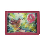 pretty colorful hummingbird and flower art tri-fold wallet
