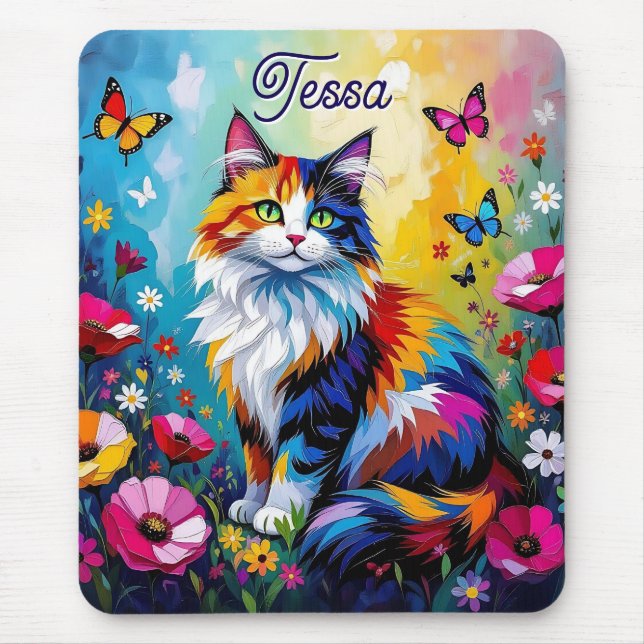 Pretty Colorful Impasto Cat and Flowers Mouse Pad (Front)