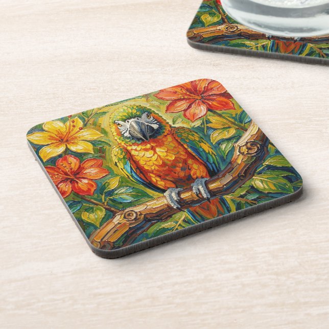 Pretty Colorful Impasto Parrot and Tropical Flower Beverage Coaster (Left Side)