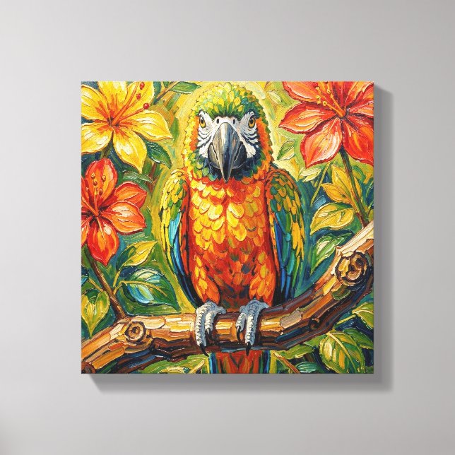 Pretty Colorful Impasto Parrot and Tropical Flower Canvas Print (Front)