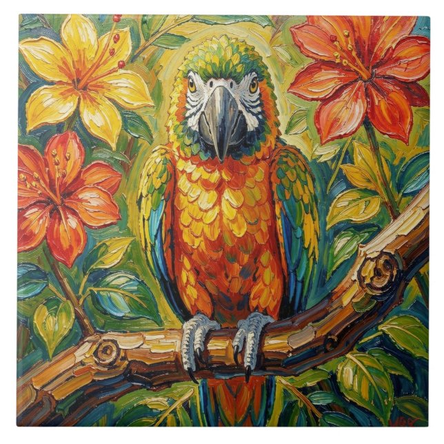Pretty Colorful Impasto Parrot and Tropical Flower Ceramic Tile (Front)