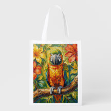 Pretty Colorful Impasto Parrot and Tropical Flower
