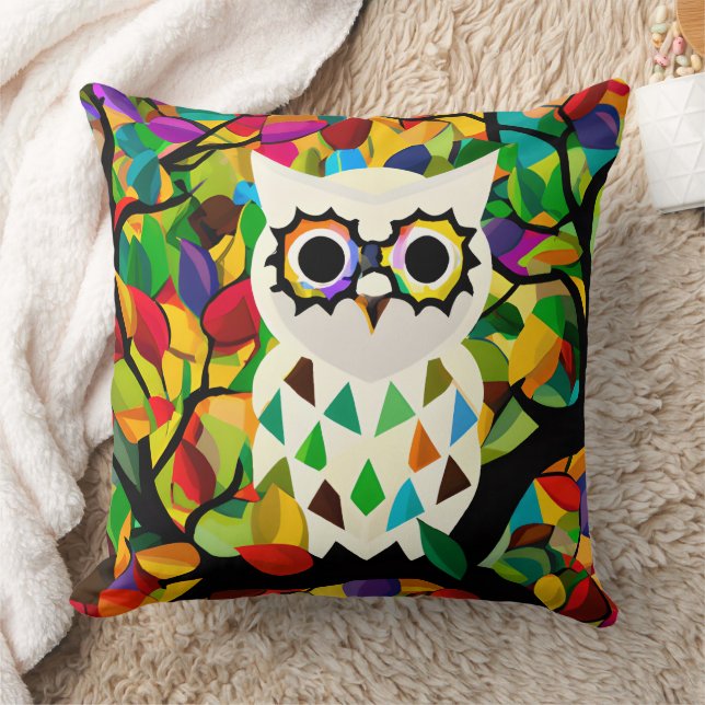 Pretty Colorful Owl Art  Throw Pillow (Blanket)
