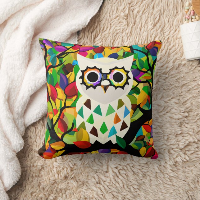 Pretty Colorful Owl Art  Throw Pillow (Blanket)