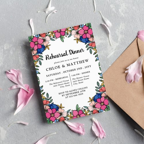 Pretty Colorful Pink Flowers Rehearsal Dinner Invitation