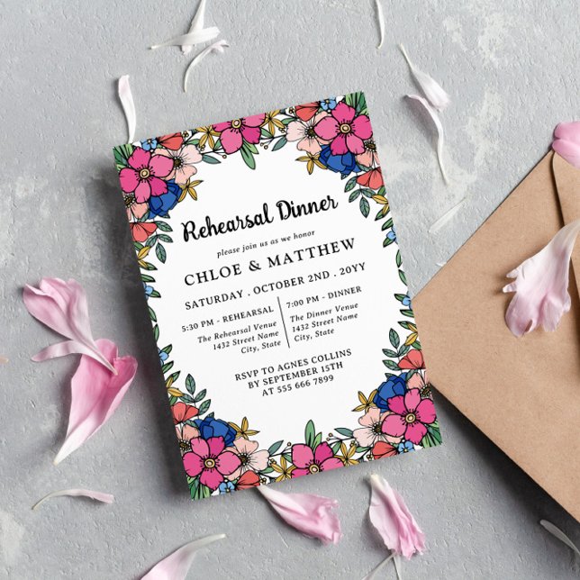 Pretty Colorful Pink Flowers Rehearsal Dinner Invitation (Creator Uploaded)