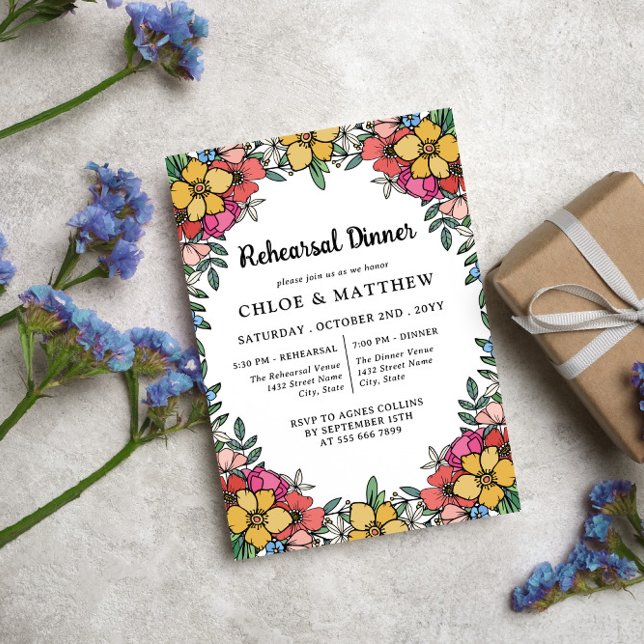 Pretty Colorful Pink Flowers Rehearsal Dinner Invitation (Creator Uploaded)