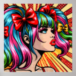 Pretty Colorful Pop Art Comic Girl Poster<br><div class="desc">Beautiful lady with pigtails and colorful blue and pink hair,  red lipstic,  long eyelashes pop art comic style ai art.</div>