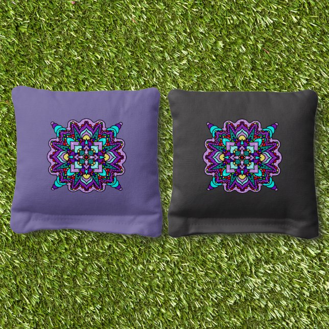 Pretty Colorful Purple Mandala Mystical Cornhole Bags (Grass)