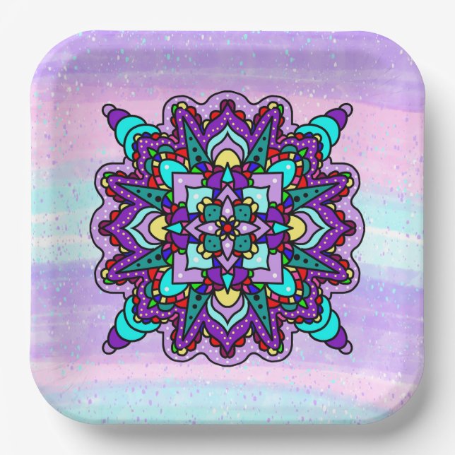 Pretty Colorful Purple Mandala Mystical Paper Plates (Front)