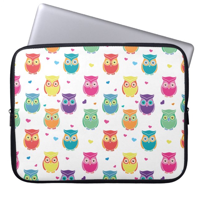 Pretty Colorful Rainbow Owl Pattern Tween Kids Laptop Sleeve (Front)