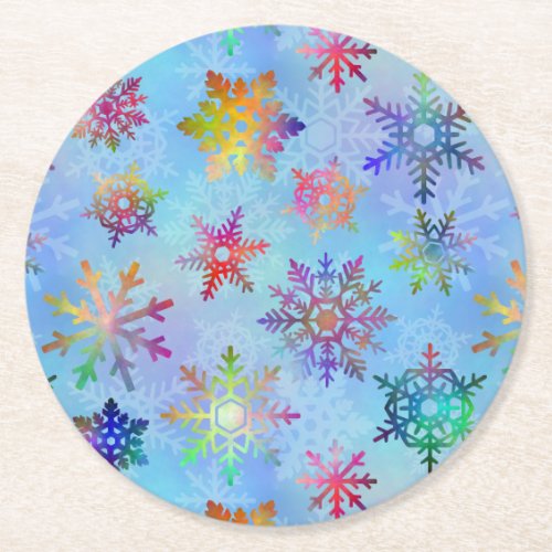 Pretty Colorful Snowflakes Christmas Pattern Round Paper Coaster