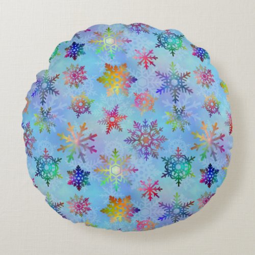 Pretty Colorful Snowflakes Christmas Pattern Round Pillow