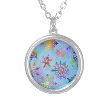 Pretty Colorful Snowflakes Christmas Pattern Silver Plated Necklace by FancyCelebration at Zazzle
