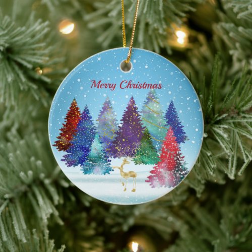 Pretty Colorful Trees Reindeer Christmas Ceramic Ornament