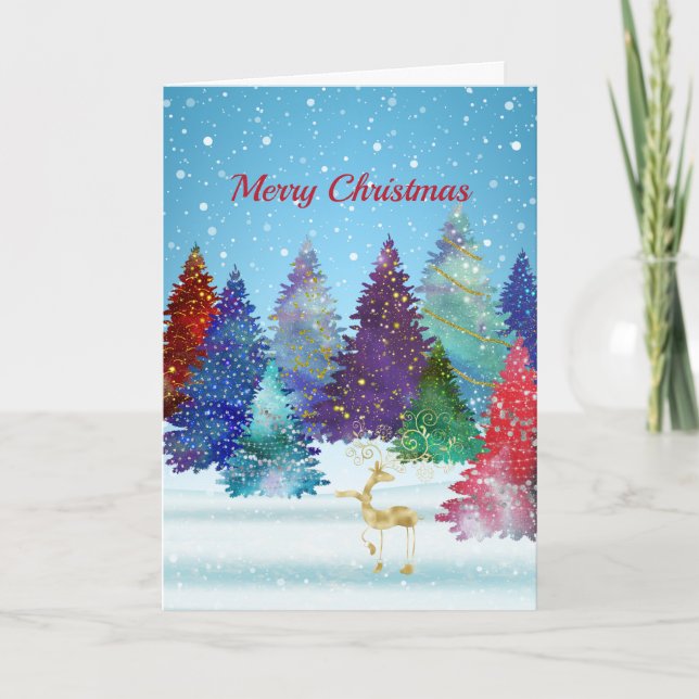 Pretty Colorful Trees Reindeer Christmas Holiday Card (Front)
