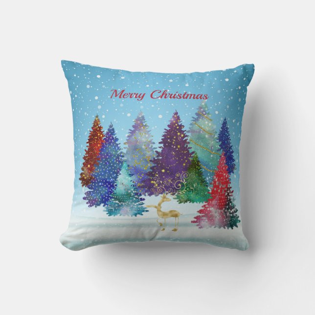 Pretty Colorful Trees Reindeer Christmas Throw Pillow (Front)