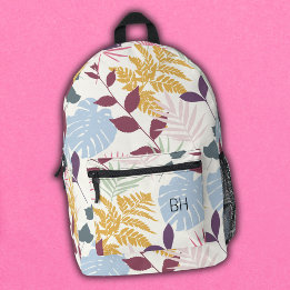 Pretty Colorful Tropical Leaves Monogram Initials Printed Backpack
