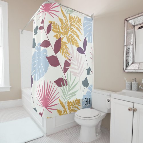 Pretty Colorful Tropical Leaves Monogram Initials Shower Curtain