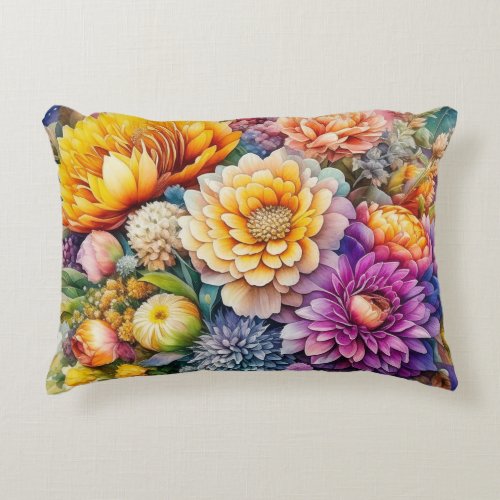 Pretty Colorful Watercolor Ai Art Flowers  Accent Pillow