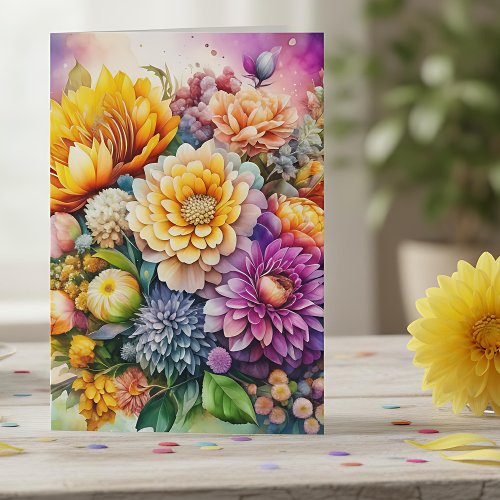 Pretty Colorful Watercolor Ai Art Flowers Birthday Card