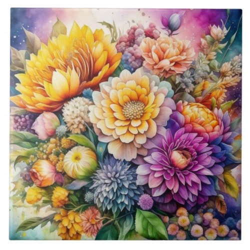 Pretty Colorful Watercolor Ai Art Flowers  Ceramic Tile