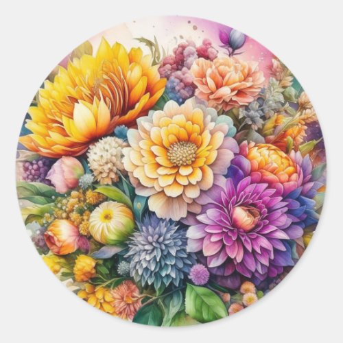 Pretty Colorful Watercolor Ai Art Flowers  Classic Round Sticker