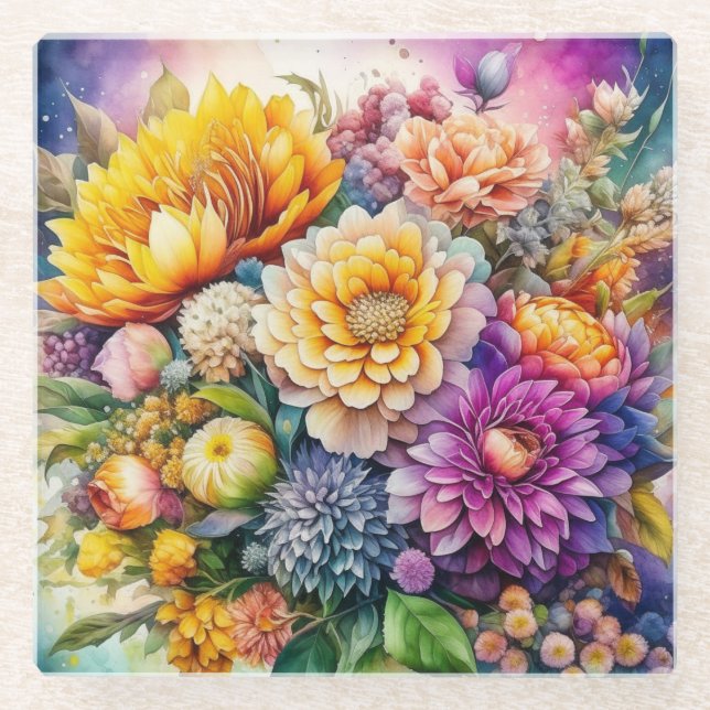 Pretty Colorful Watercolor Ai Art Flowers  Glass Coaster (Front)