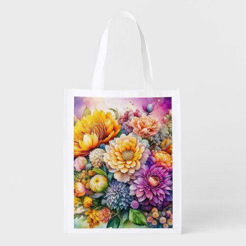 Pretty Colorful Watercolor Ai Art Flowers  Grocery Bag