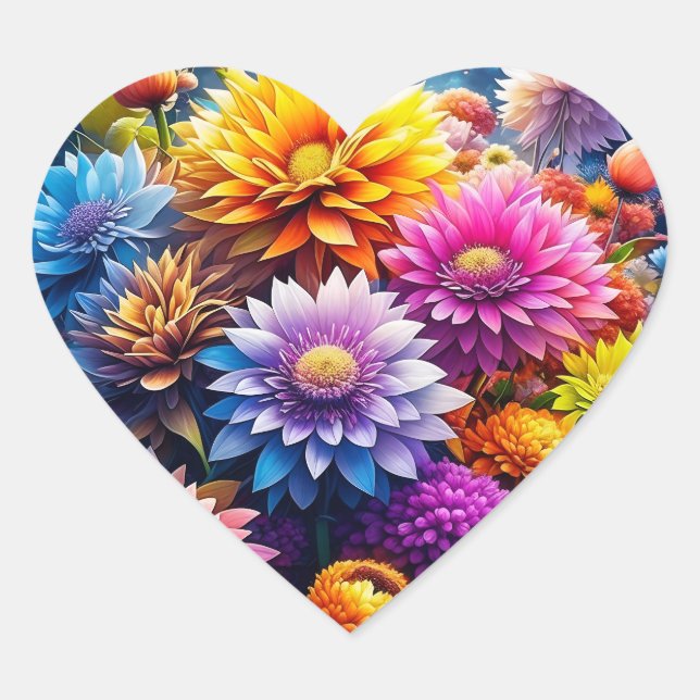 Pretty Colorful Watercolor Ai Art Flowers  Heart Sticker (Front)