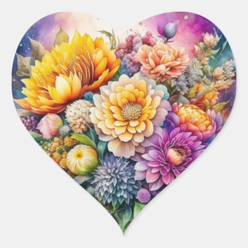 Pretty Colorful Watercolor Ai Art Flowers  Heart Sticker