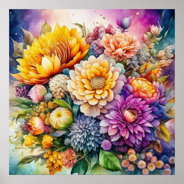 Pretty Colorful Watercolor Ai Art Flowers  Poster (Front)