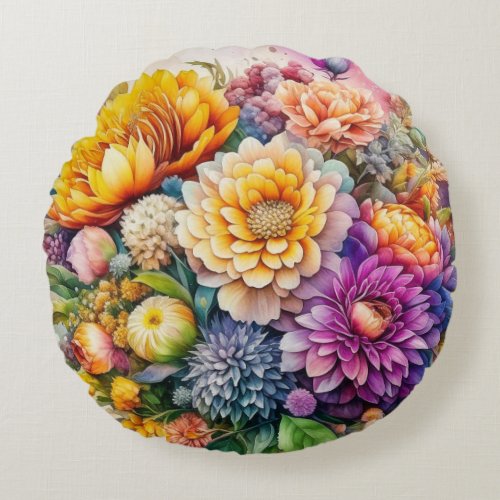 Pretty Colorful Watercolor Ai Art Flowers  Round Pillow