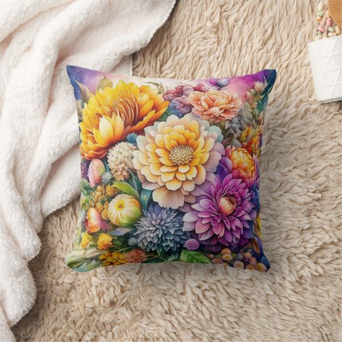 Pretty Colorful Watercolor Ai Art Flowers  Throw Pillow