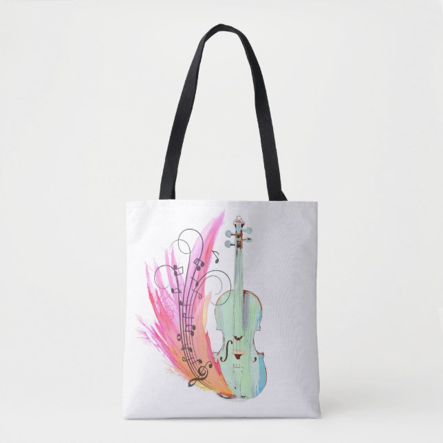 Pretty Colorful Watercolor Violin Tote Bag (Front)