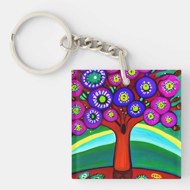 Pretty Colorful Whimsical Folk Art  Keychain (Front)