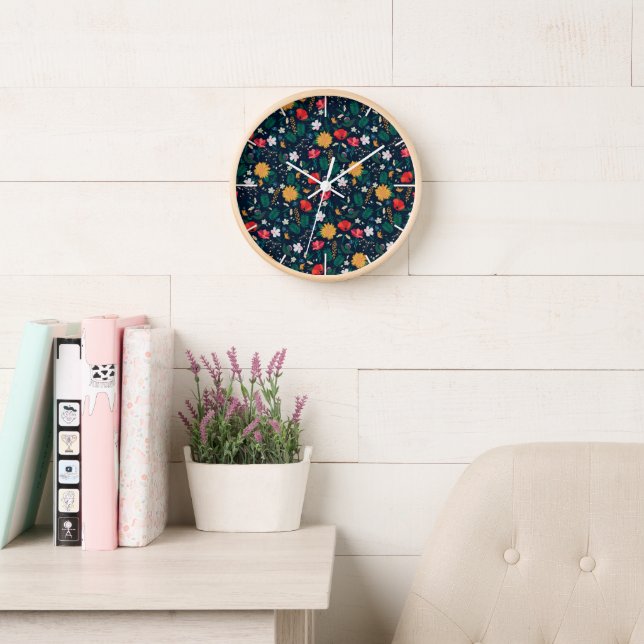 Pretty Colorful Wild Flowers Navy Blue Design Clock (Reading Room)