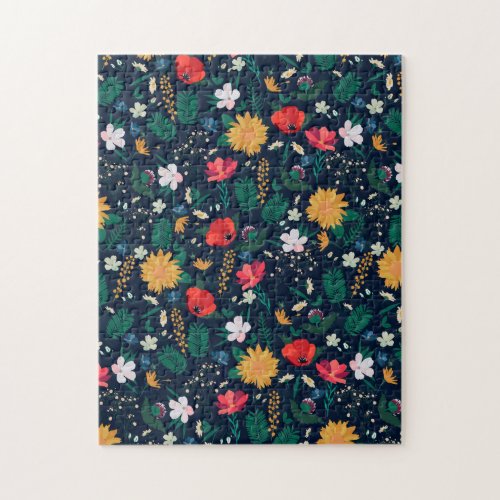 Pretty Colorful Wild Flowers Navy Blue Design Jigsaw Puzzle