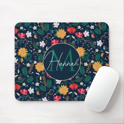 Pretty Colorful Wild Flowers Navy Blue Design Mouse Pad