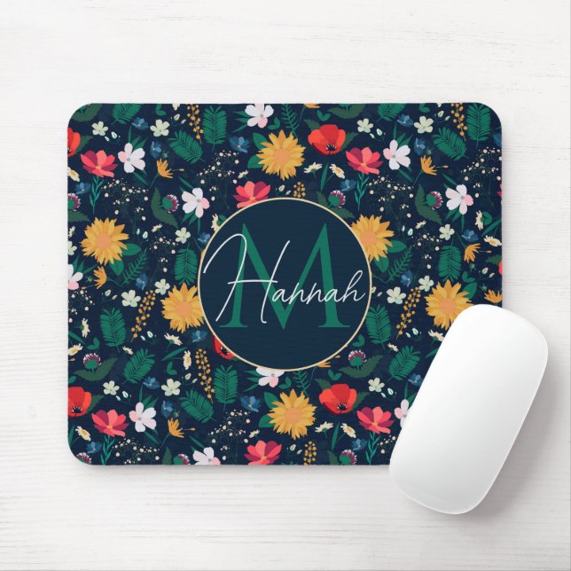 Pretty Colorful Wild Flowers Navy Blue Design Mouse Pad (With Mouse)