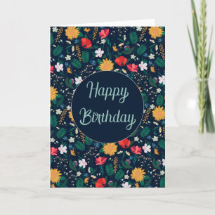 Pretty Colorful Wild Flowers Navy Blue Design Thank You Card