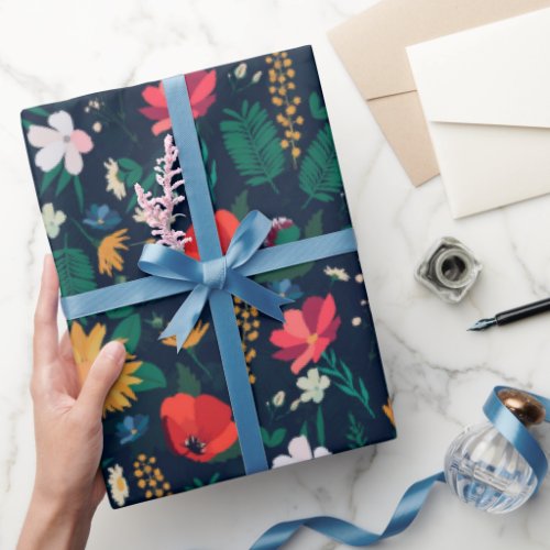Pretty Colorful Wild Flowers Navy Blue Design Wrapping Paper