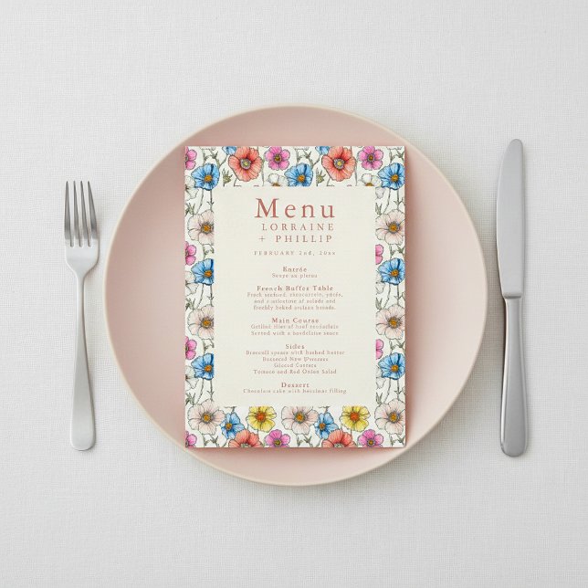Pretty colorful wildflower wedding meal menu (Pretty colorful wildflower wedding meal menu.)