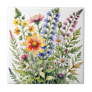 Pretty colorful wildflowers  watercolor painting ceramic tile