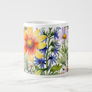 Pretty colorful wildflowers watercolor painting giant coffee mug